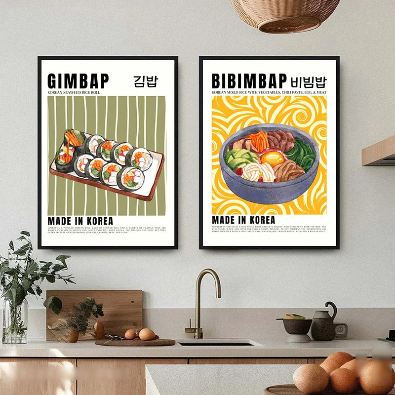 Retro Korean Colorful Food Kimchi Soju Makgeolli Cuisine Poster Canvas Printing Wall Art Picture for Kitchen Dinning Room Decor