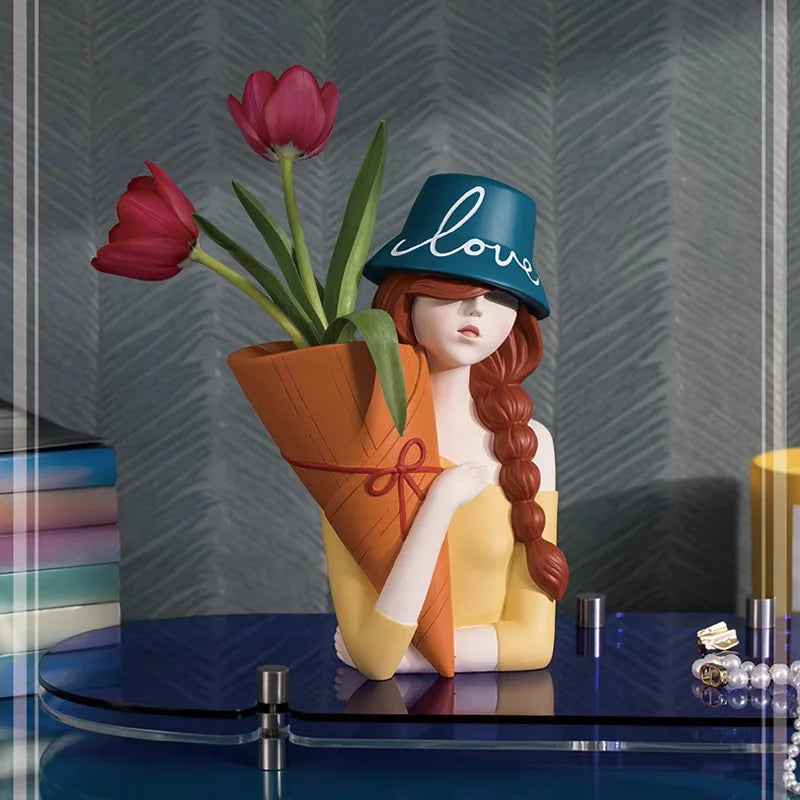Modern Home Decorative Vase Multicolor Long Braided Girl Bust Sculptures Living Room Decor Figurines Stylish Makeup Brush Holder