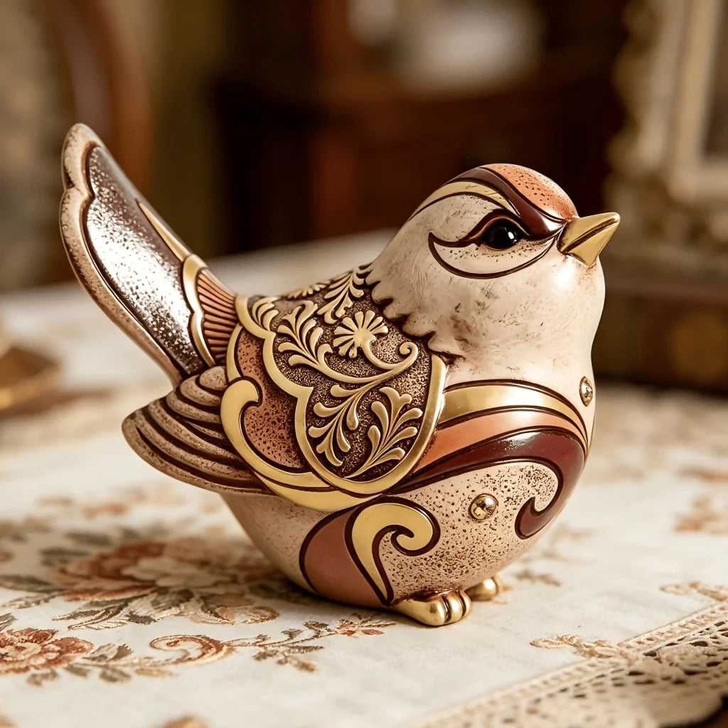 Retro Goldene geschnitzte Vogel Skulptur Harz Spatz Figur Vintage Blumenmuster Desktop Ornament Heim Tischdeko Geschenk