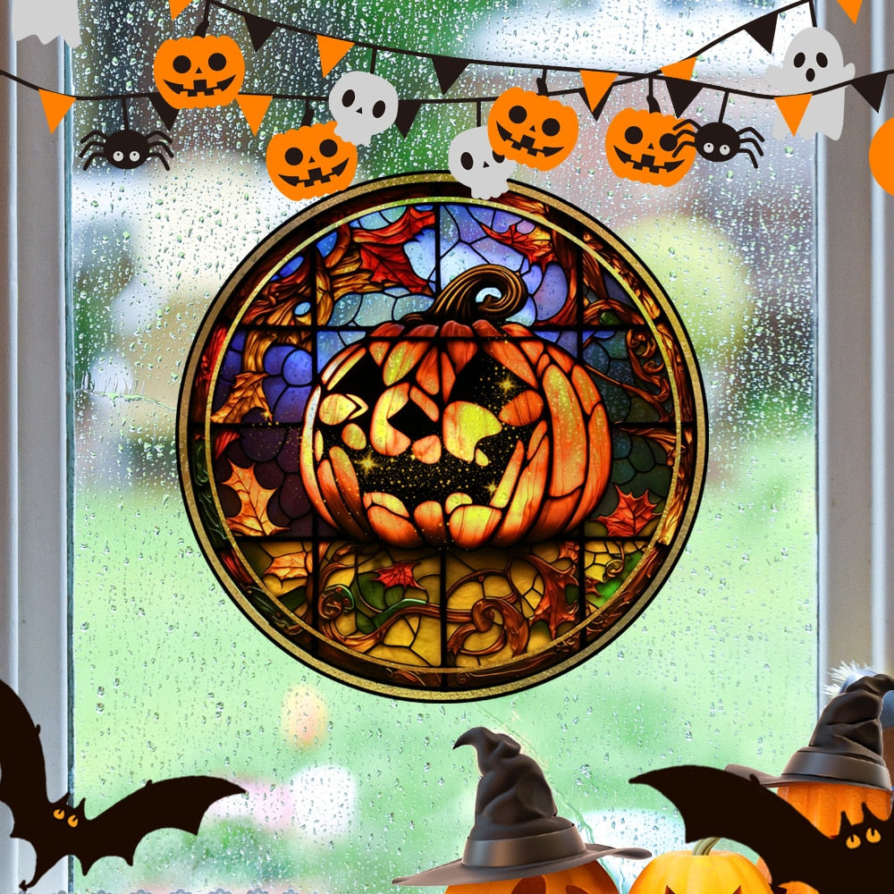 Halloween-Aufkleber, bunt, Horror-Schloss, Katze, statische PVC-Fensterglas-Aufkleber, kleberfrei, dekorative Folie, Party-Heimdekoration 