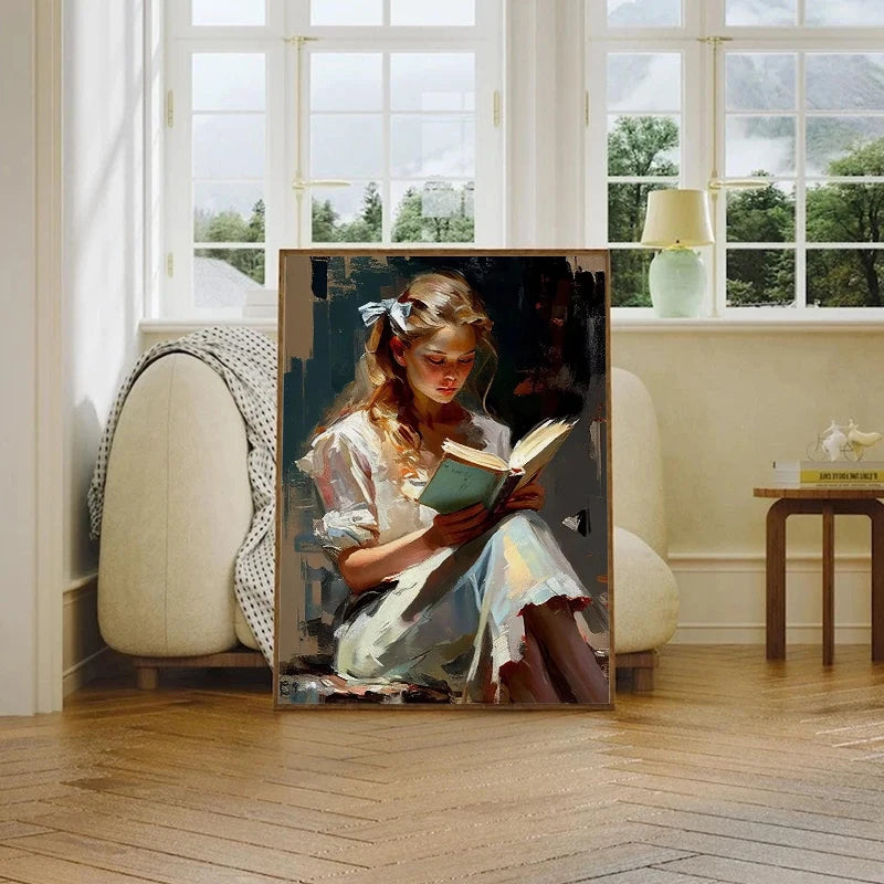 Vintage Ölgemälde Druck – Lesendes Mädchen In Bibliothek, Leinwandbild 30,5x40,6 Cm