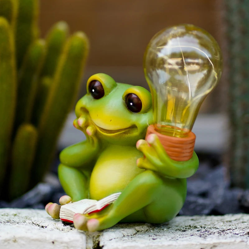 NORTHEUINS Solar Frog Reading Book Light Bulb Figurines Creative Animal Home Living Room Study Desktop Decorative Accessories