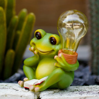 NORTHEUINS Solar Frog Reading Book Light Bulb Figurines Creative Animal Home Living Room Study Desktop Decorative Accessories