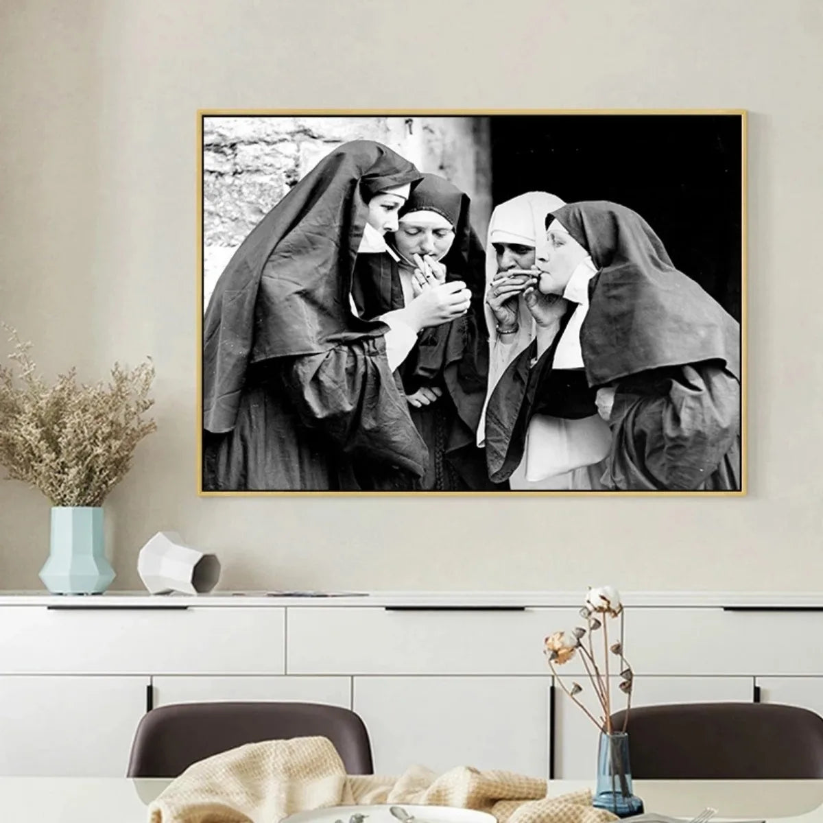 Smoking Sexy Nun Painting Poster Vintage Photo Black and White Wall Art Canvas Printings Funny Bad Girl Retro Prints Home Decor