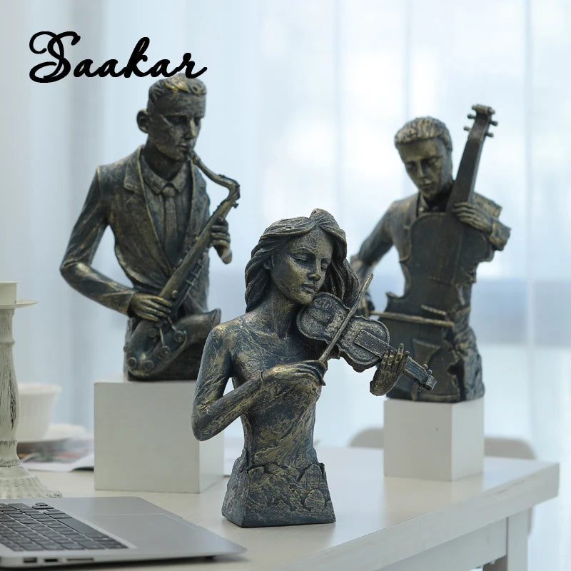 SAAKAR Resin Retro Vintage Performer Statue Europe Mask Figurines Sculpture Home Interior Couple Gift Decoration Sax Violin Item