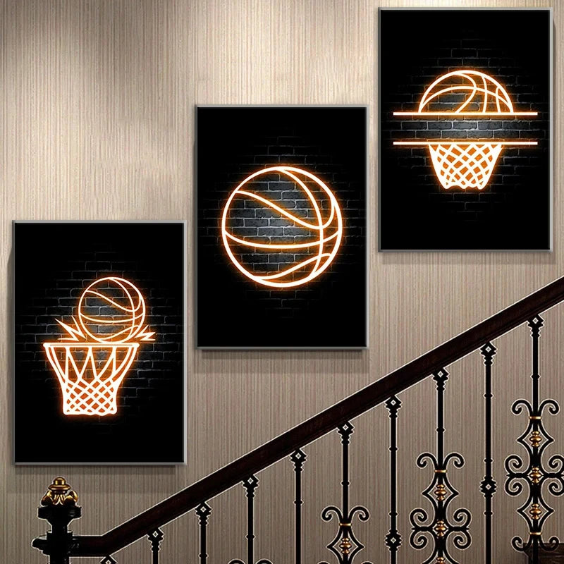 Modern Basketball Posters and Prints Wall Art Neon Light Canvas Painting Murals Teenage Boy Room Decoration Pictures Frameless