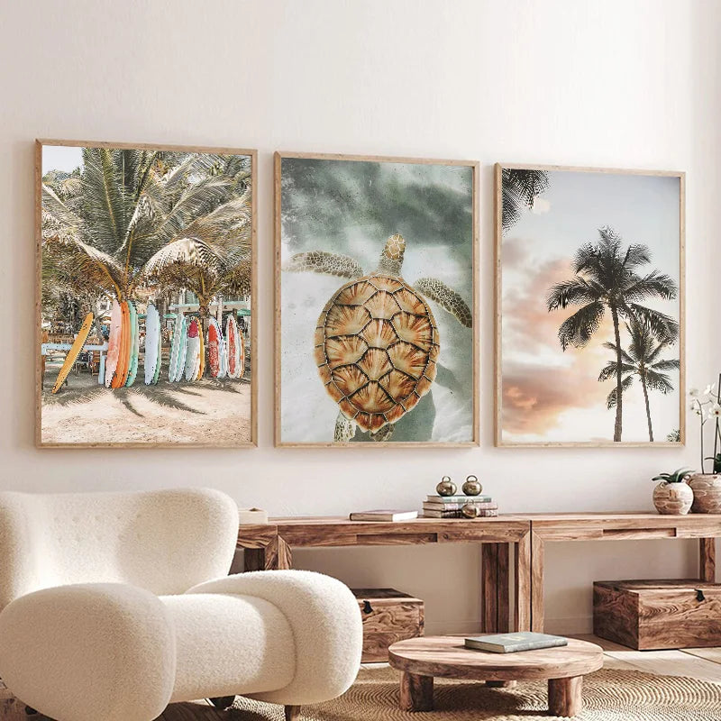 Tropical Summer Beach Shell Palm Tree Surfboard Poster Print Nordic Canvas Printing Wall Art Picture for Surfing Club Home Decor