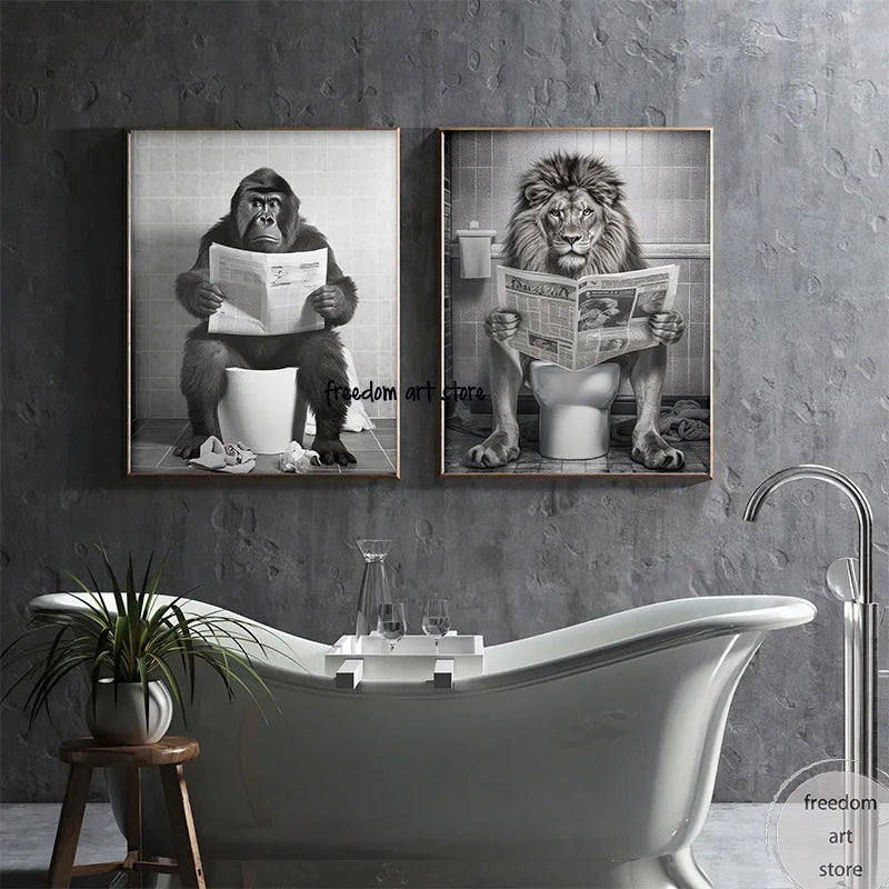 Funny Cute Lion and Gorilla in The Toilet Animal Bathroom Art Poster Canvas Painting Wall Prints Picture Washing Room Home Decor