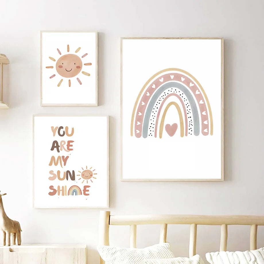 Pink Rainbow Sun Moon Clouds Flowers Wall Art Canvas Painting Custom Baby Name Posters And Prints Pictures Girl Kids Room Decor