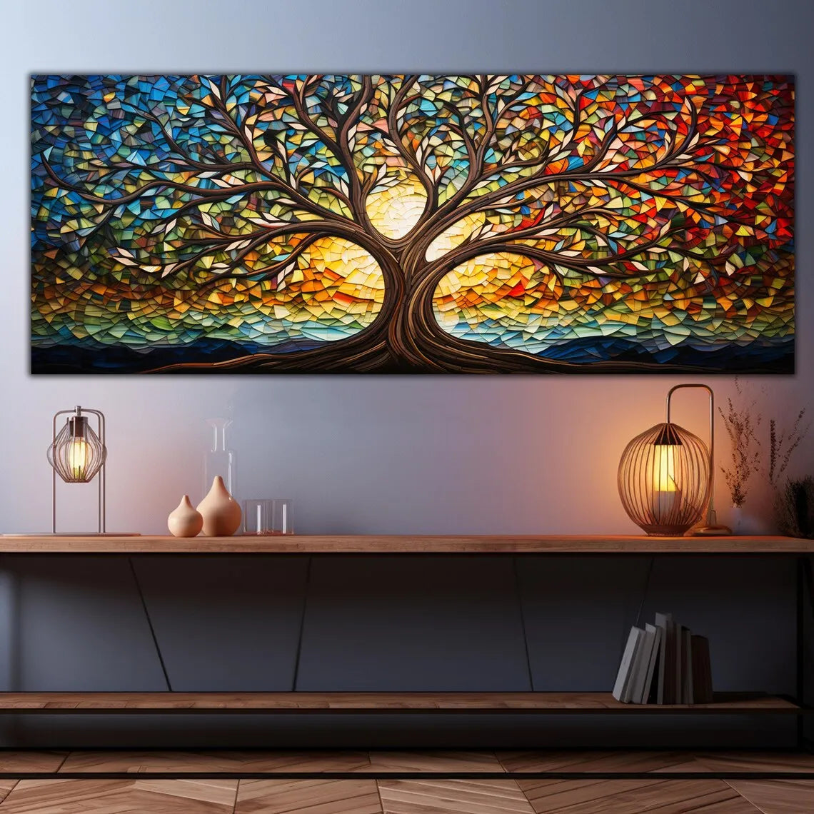 Colorful Mosaic Glass Canvas Painting,Tree of Life Artwork Canvas Print, Mythology Gift, for Living Room Office Home Decoration