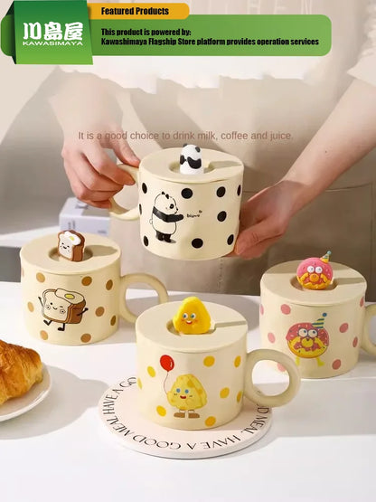 KAWASIMAYA Milk Fufu Cute Ceramic Mug with Lid, Panda Mug Girls Gift Couple Water Cup Coffee Cups