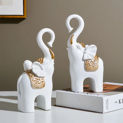 Home Decor 2pcs White Elephant Figurine Cute Living Room TV Cabinet Accessories Desk Decorations Crafts Modern Animal Statuette