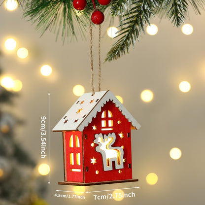 Neues Weihnachts-Holzhaus mit Anhänger, Schneemann, Elch, Weihnachtsmann, Bärenhaus, Beleuchtung, leuchtende Blockhütte, Weihnachtsdekoration 