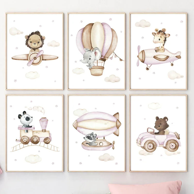 Boho Lion Giraffe Elephant Panda Balloon Wall Art Canvas Prints Painting Cartoon Pictures Kids Room Decor Nordic Nursery Posters