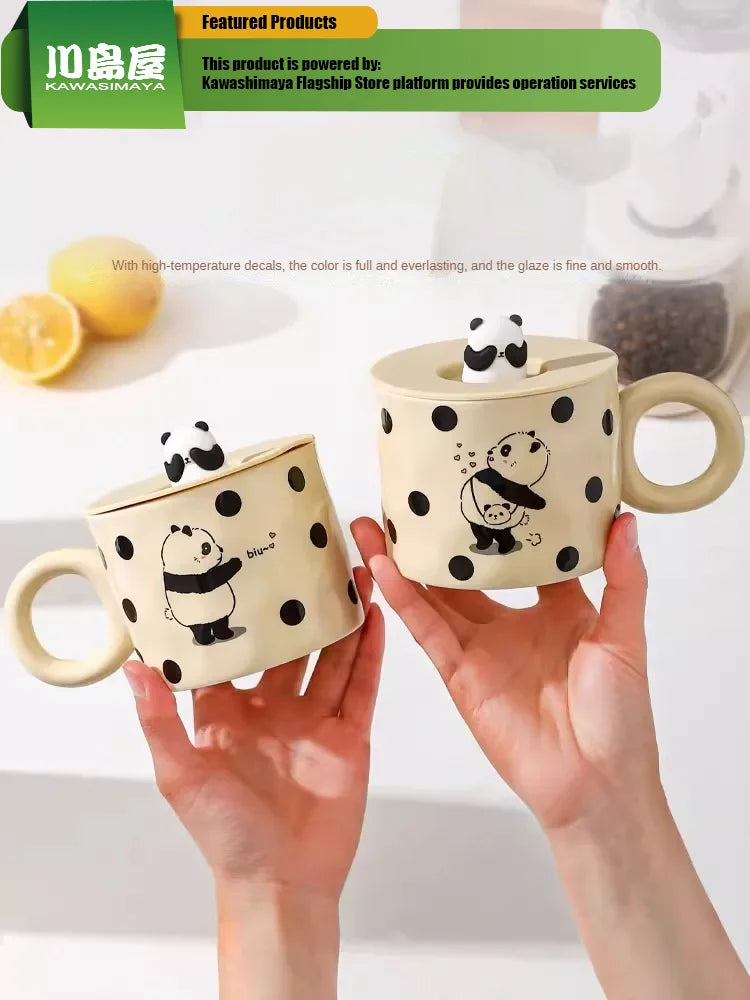 KAWASIMAYA Milk Fufu Cute Ceramic Mug with Lid, Panda Mug Girls Gift Couple Water Cup Coffee Cups