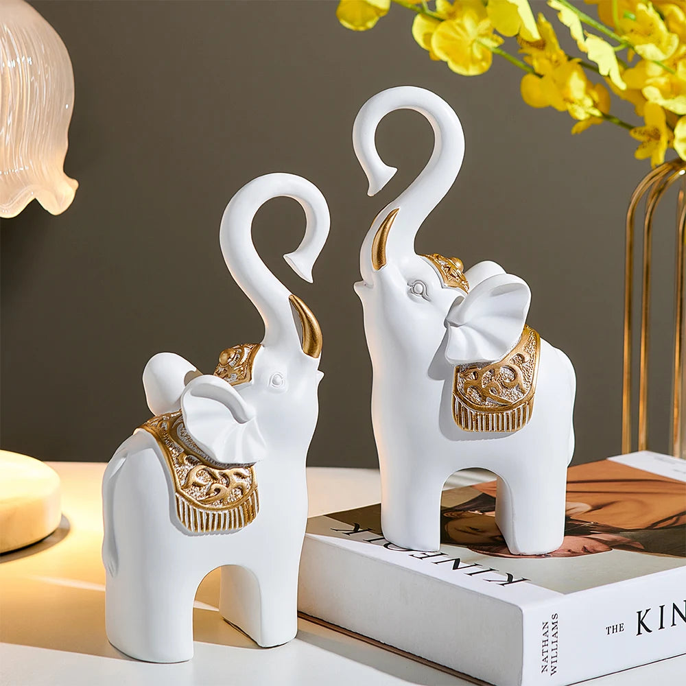 Home Decor 2pcs White Elephant Figurine Cute Living Room TV Cabinet Accessories Desk Decorations Crafts Modern Animal Statuette