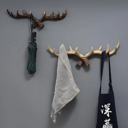 Nordic Vintage Deer Horn Decorative Hook Wall Hanging Clothes and Hats Hook High-end Living Room Decor Antler Resin Statue Craft