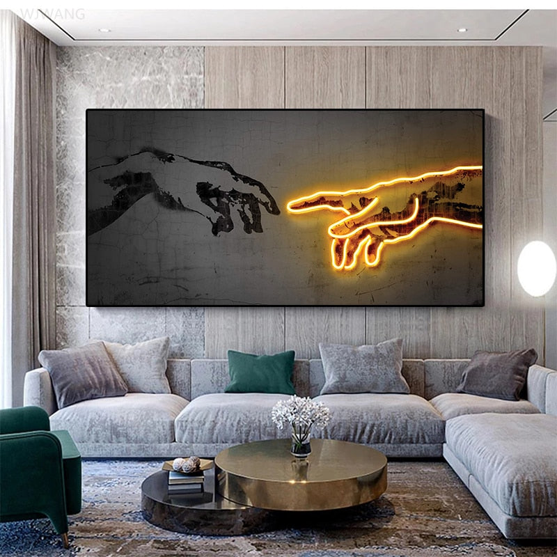 Neon Light Art Canvas Print Tangan God Artwork Abstract Posters and Prints Canvas Wall Art Pictures for Living Home Hiasan Rumah