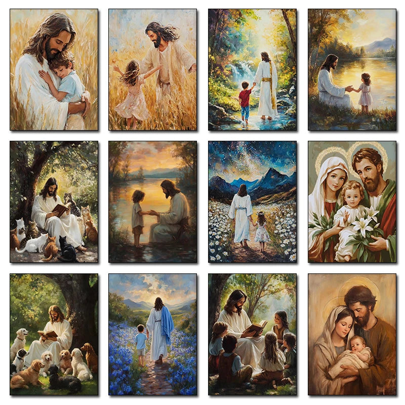 Christian Jesus Mother Mary Holy Family Children Reading Bible Poster Print Wall Art Pictures Canvas Painting Room Home Decor