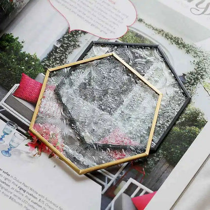 Ins European Retro Window Grille Glass Coaster Gold Copper Embossed Pattern Hexagonal Glass Coaster Dining Insulation Pad