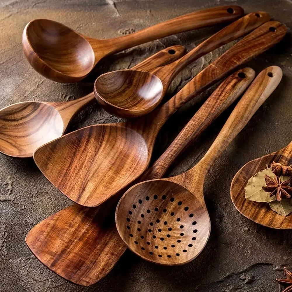 Wooden Spoons Cooking Set, Wooden Utensils for Cooking with Utensils Holder, Teak Wooden Kitchen Utensils Set 5/6/7PCS