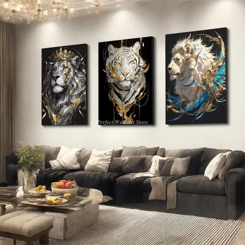 Black Gold Animals Tiger Lion Wolf HD Poster Japanese Landscape Wall Art Canvas Painting And Prints For Living Room Home Decor