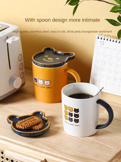 KAWASIMAYA Ceramic Mug with Lid and Spoon Dormitory Couple Mug Girls High-Value Mug Coffee Cups
