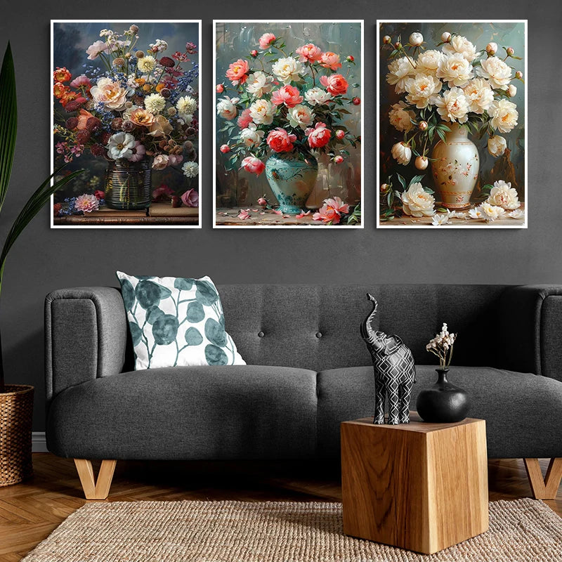 Vintage Bouquet Pink Roses Nordic Fashion Still Life Oil Painting Printed Poster Canvas Paintings Wall Art Pictures Home Decor