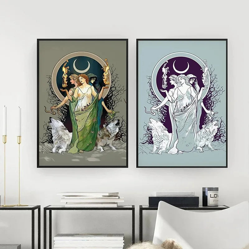 Retro Moon Hecate Goddess Greek Mythology Canvas Painting Prints Mysterious Hecate Witchy Wall Art Pictures For Home Room Decor