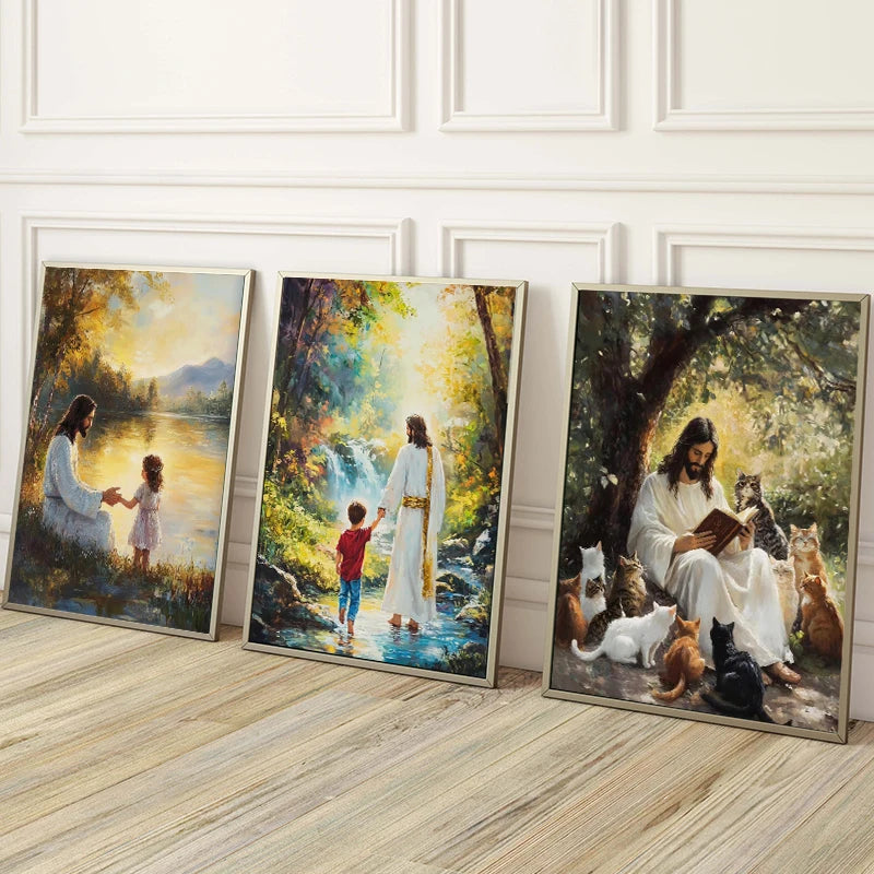 Christian Jesus Mother Mary Holy Family Children Reading Bible Poster Print Wall Art Pictures Canvas Painting Room Home Decor