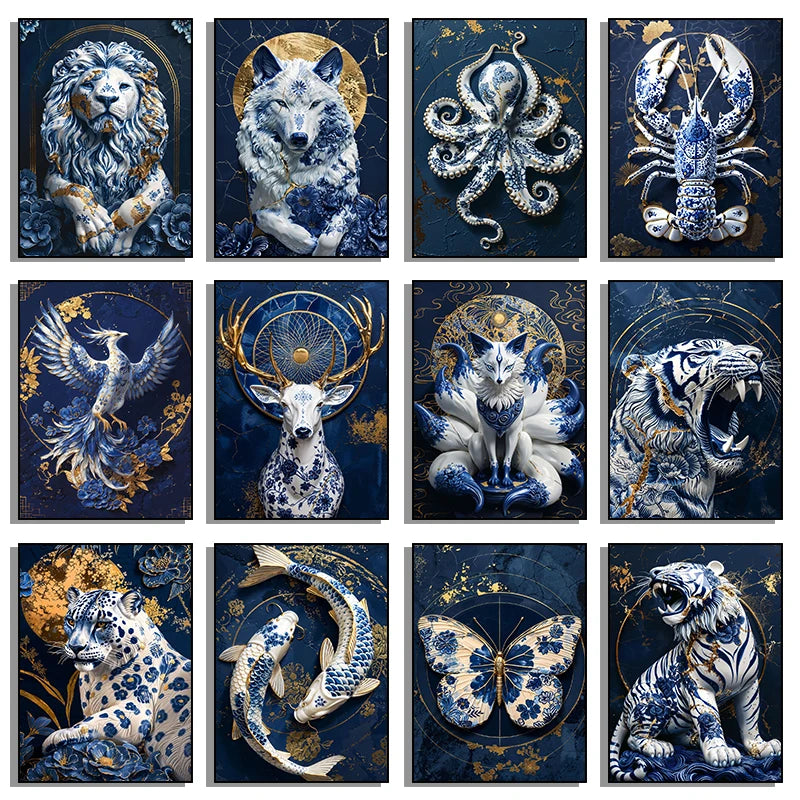 Vintage Porcelain Style  Animals Canvas Painting And Print Abstract Wall Art HD Poster for Living Room Home Decor Frameless Gift