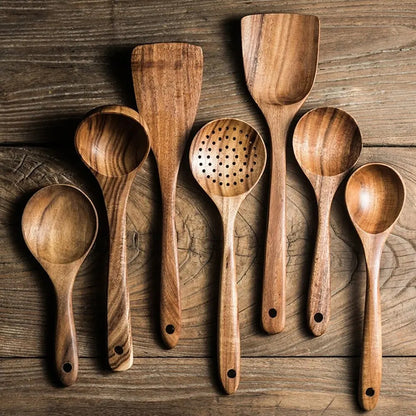 Wooden Spoons Cooking Set, Wooden Utensils for Cooking with Utensils Holder, Teak Wooden Kitchen Utensils Set 5/6/7PCS