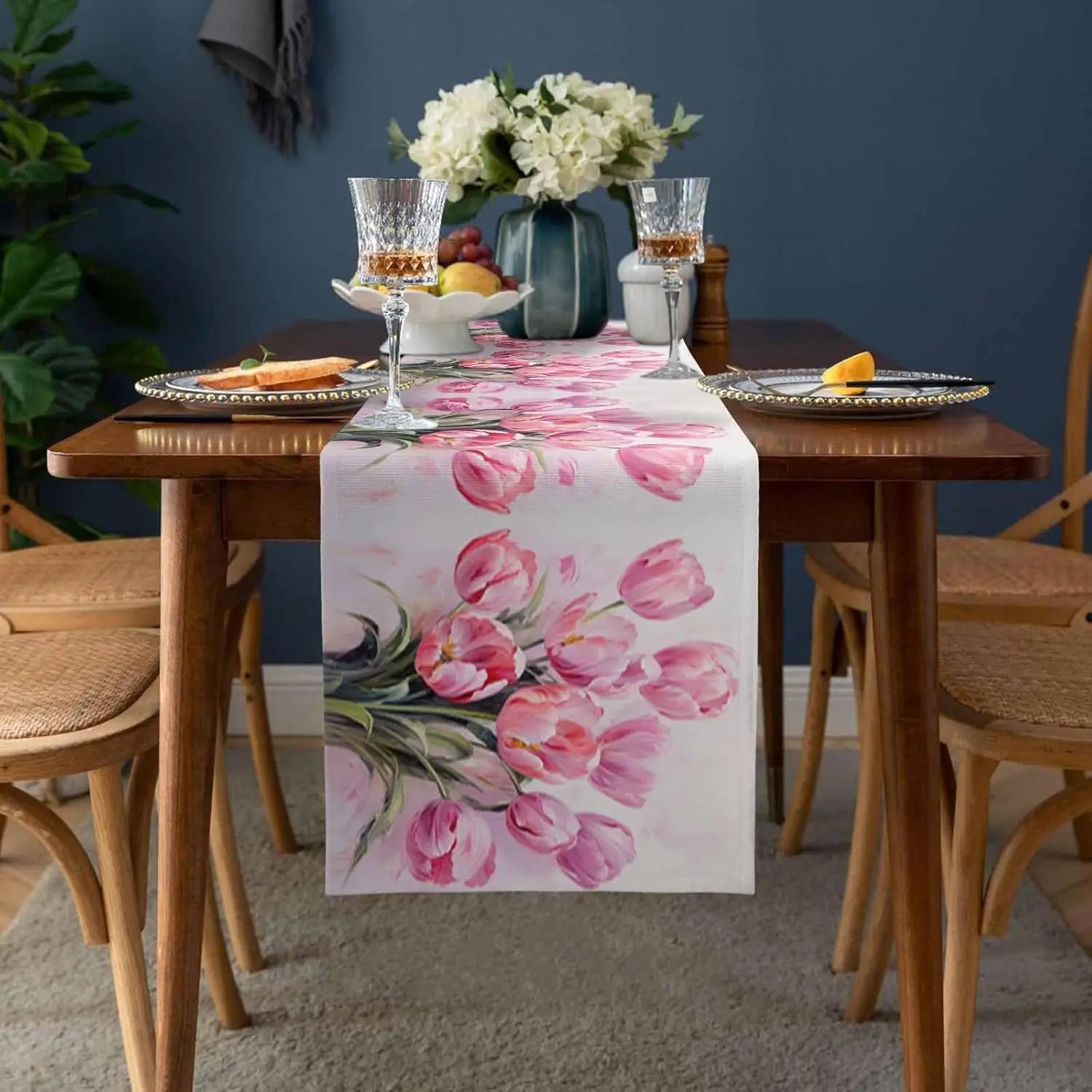 Happy Easter Watercolor Tulip Linen Table Runner Wedding Party Decor Spring Plants Pink Flowers Table Runners Dining Table Decor
