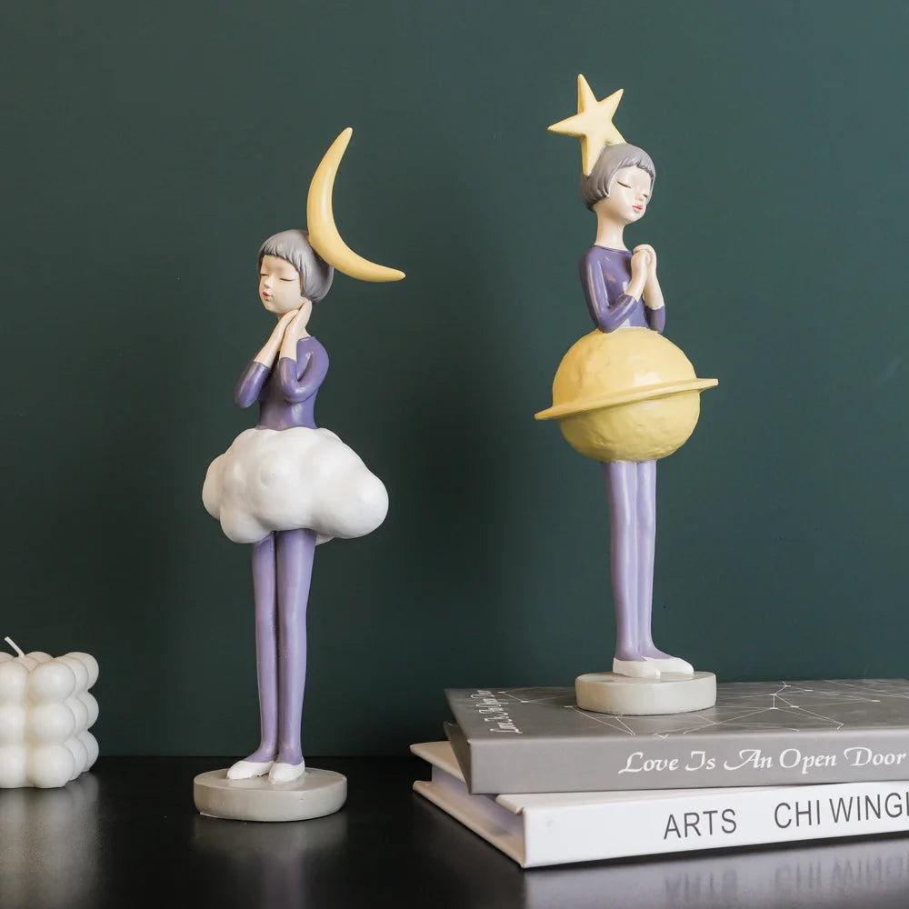 Starry Sky Girl Figurines Creative Cute Planet Moon Star Elements Figures Blessing Gift Lovely Cartoon Girl Present Home Decor
