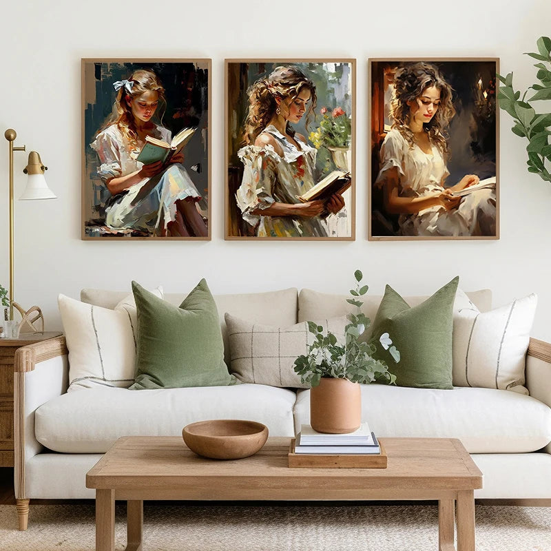 Vintage Portrait Oil Painting Women Read Elegant Girl Book Lovers Poster Canvas Paintings Wall Art Pictures For Room Home Decor
