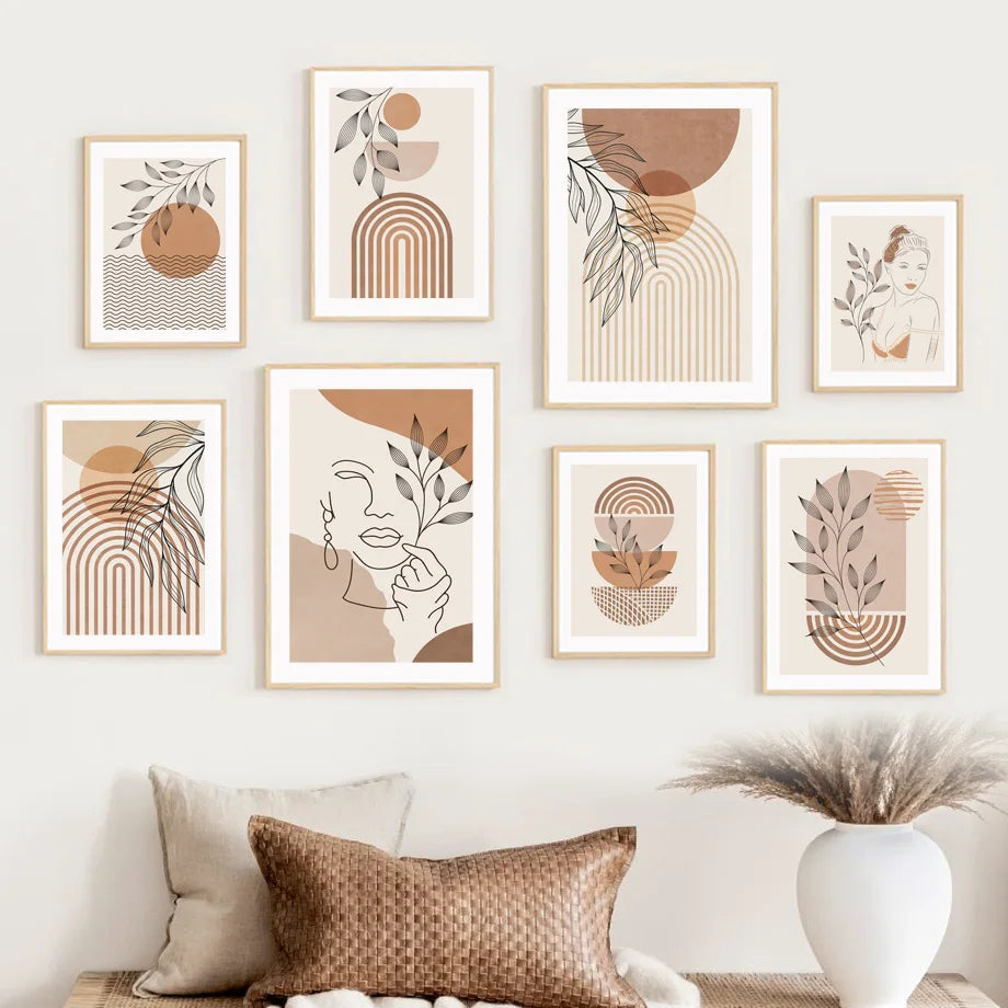 Abstract Girl Sun Lines Rainbow Leaf Wall Art Canvas Painting Boho Beige Posters Prints Pictures Living Room Interior Home Decor