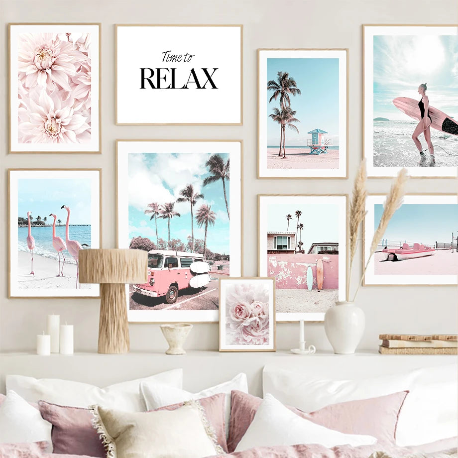 Beach Flamingo Coconut Tree Seagull Peony Wall Art Canvas Painting Nordic Posters and Prints Wall Pictures for Living Room Decor