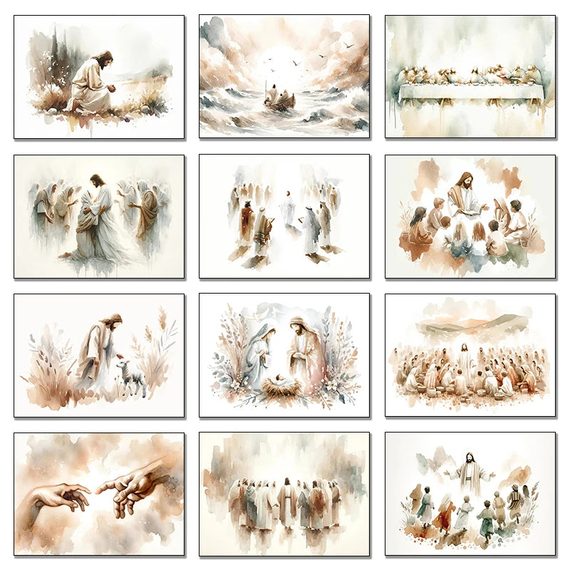 Watercolor Jesus with Children The Last Supper Calms The Storm Bible Christian Canvas Painting Print Wall Art Poster Home Decor