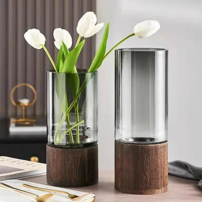 Wooden Glass Vase Decoration Water-Raised Flowers Living Room Dining Table Dry Flower Arrangement Container