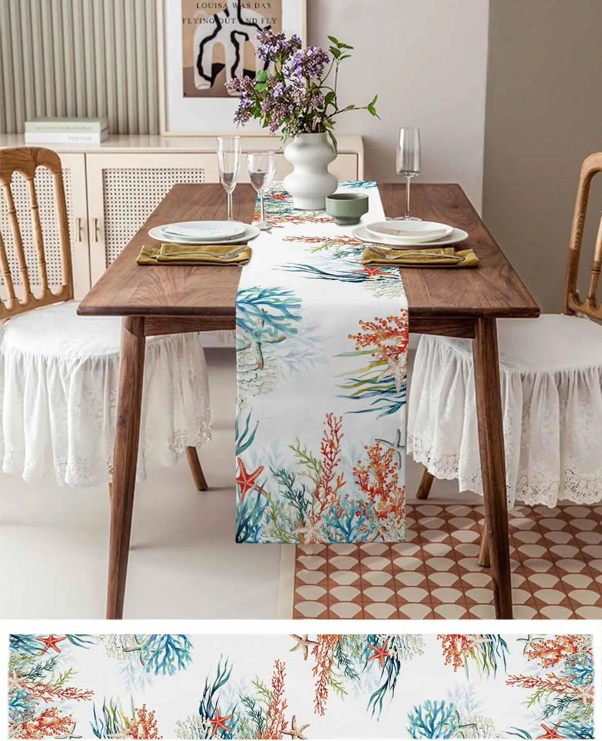 Summer Coral Starfish Linen Table Runner Wedding Party Decor Blue Ocean Colorful Coral Table Runners Kitchen Dining Table Decor