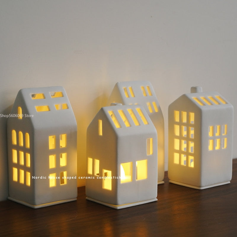 Scandinavian Style Small House Candle Holder Ceramic Hollowed Out Architectural Wax Holder Pure White Home Accessories Lamp acacuss