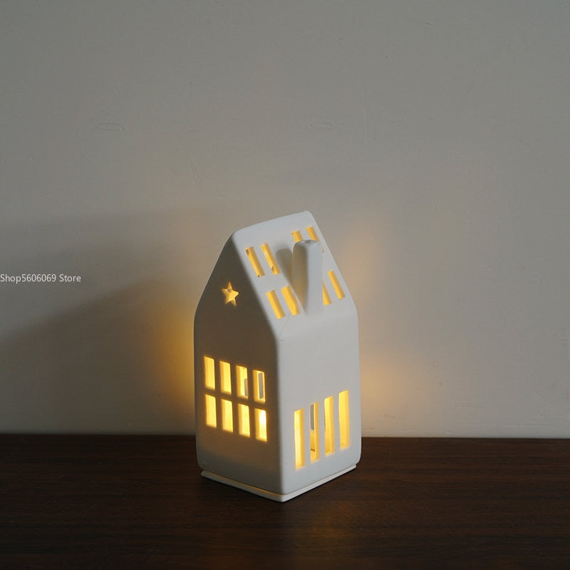 Scandinavian Style Small House Candle Holder Ceramic Hollowed Out Architectural Wax Holder Pure White Home Accessories Lamp acacuss