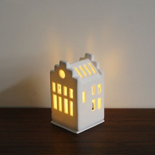 Scandinavian Style Small House Candle Holder Ceramic Hollowed Out Architectural Wax Holder Pure White Home Accessories Lamp acacuss