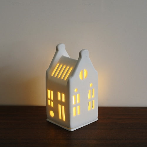 Scandinavian Style Small House Candle Holder Ceramic Hollowed Out Architectural Wax Holder Pure White Home Accessories Lamp acacuss