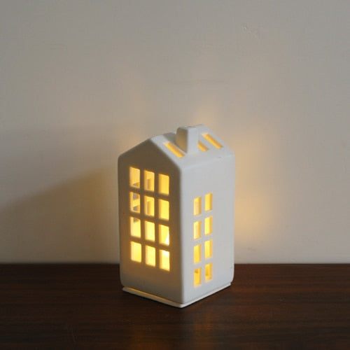 Scandinavian Style Small House Candle Holder Ceramic Hollowed Out Architectural Wax Holder Pure White Home Accessories Lamp acacuss