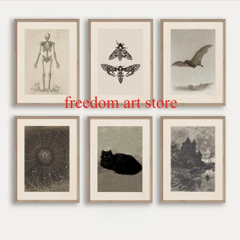 Vintage Halloween Antique Dark Bat Sketch Skeleton Art Poster Canvas Painting Wall Prints Picture for Living Room Home Decor