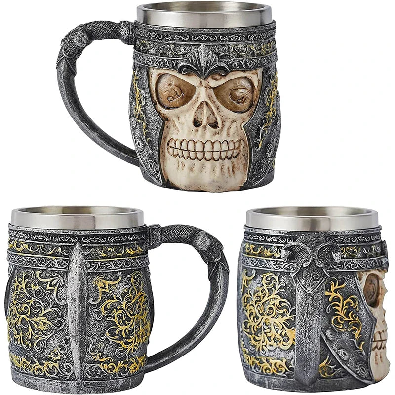 LMETJMA Skull Coffee Mug Stainless Steel Skull Cool Coffee Mugs 3D Design Cocktail Beer Mugs with Handle JT14