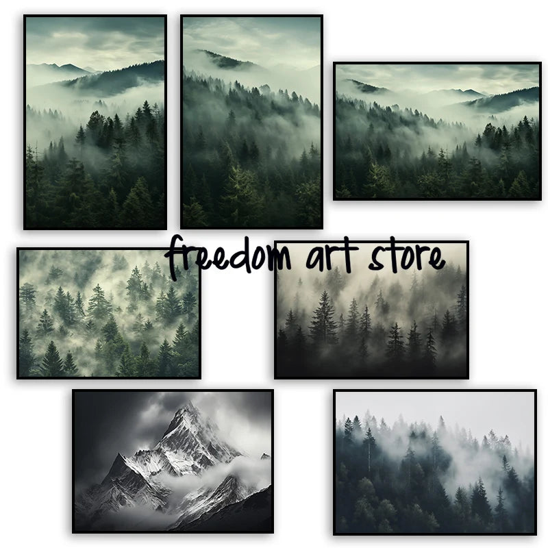 Misty Forest and Mountain Foggy Nature Landscape Art Poster Canvas Painting Wall Prints Picture for Living Room Home Decor