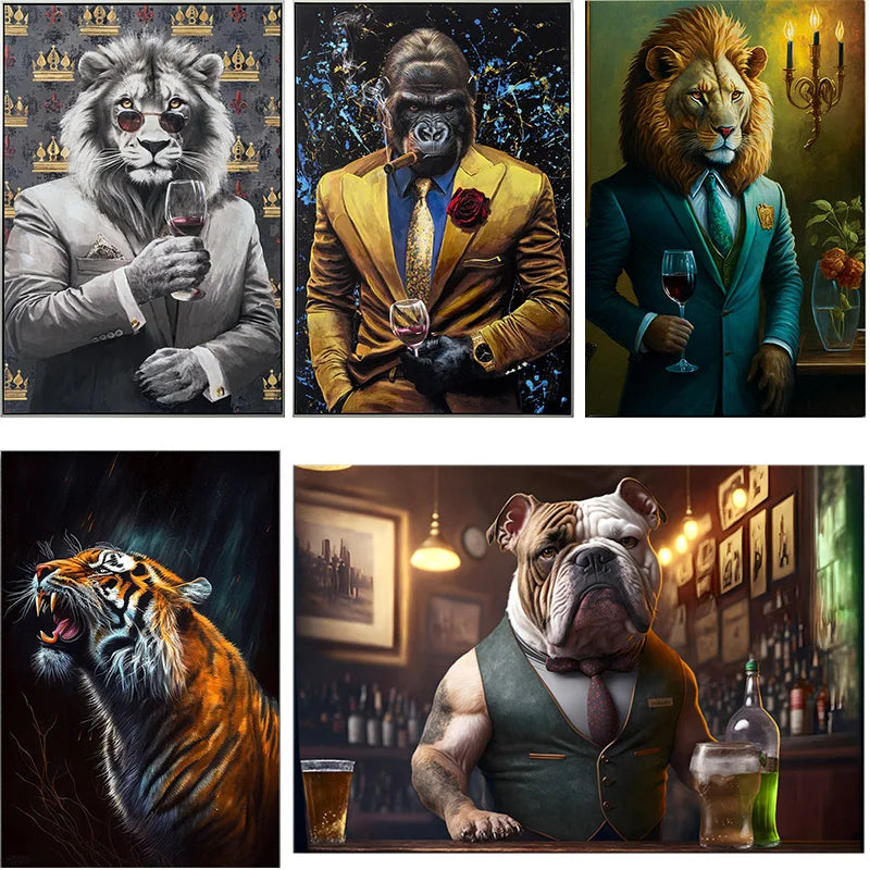 Suit Lion Gorilla Tiger Animal Poster Canvas Print Abstract Art Pet Dog Canvas Painting  Living Room Bedroom Wall Art Picture