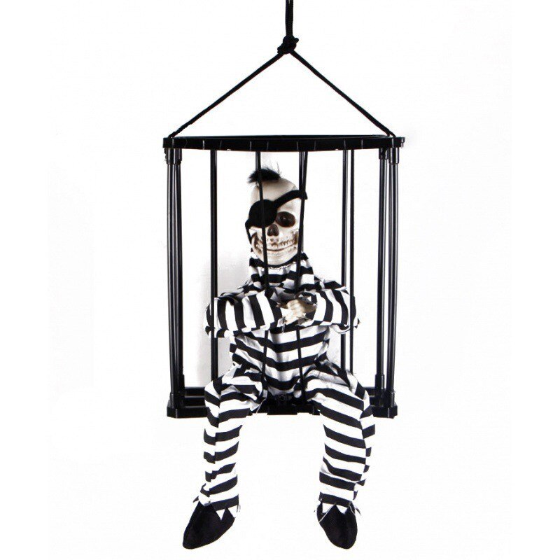 Screaming Animated Halloween Decorations Halloween Decor Prop Scary Skull Cage Prisoner Haunted House Decor, Ghost Light Up Eyes acacuss